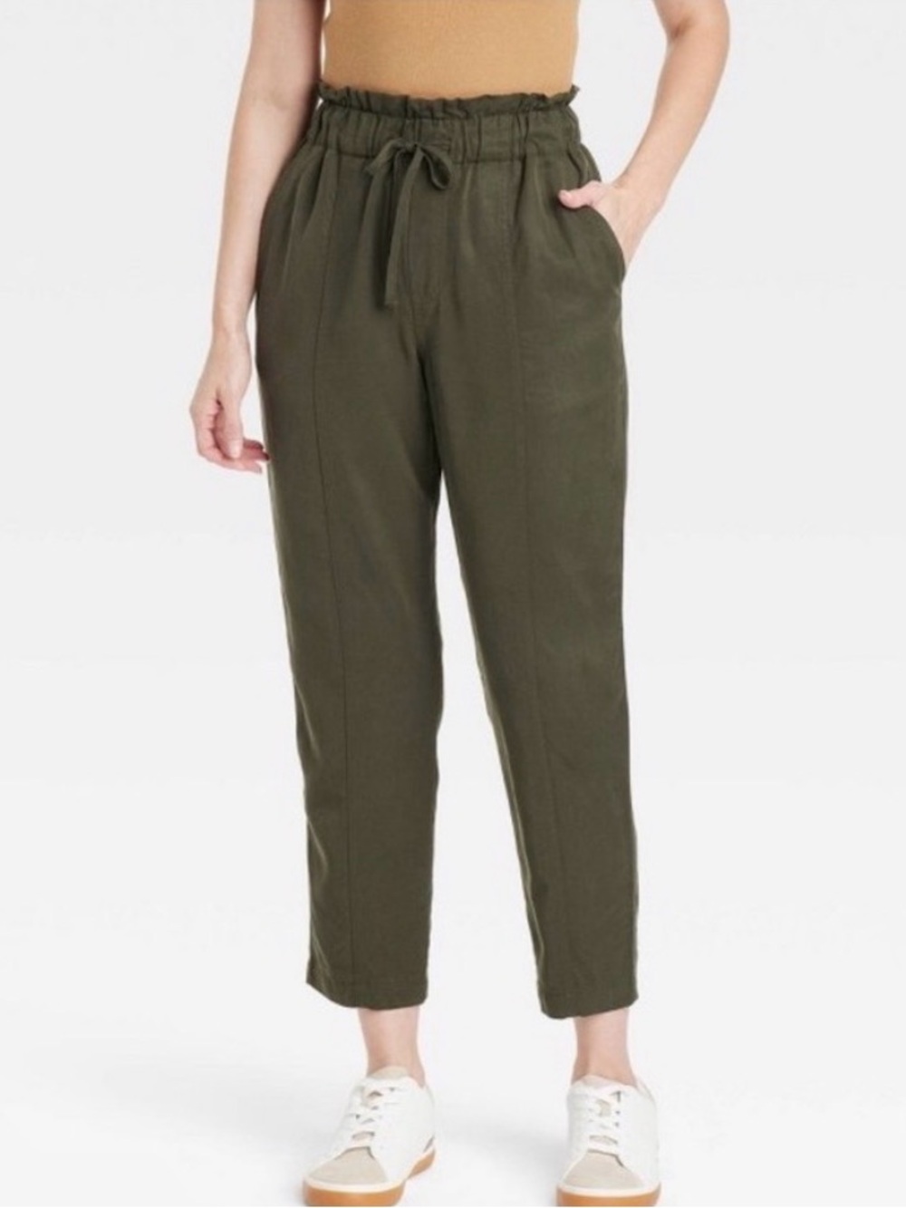 NWT A New Day Relaxed High-Waist Olive Green Ankle Paperbag Pants Size Medium